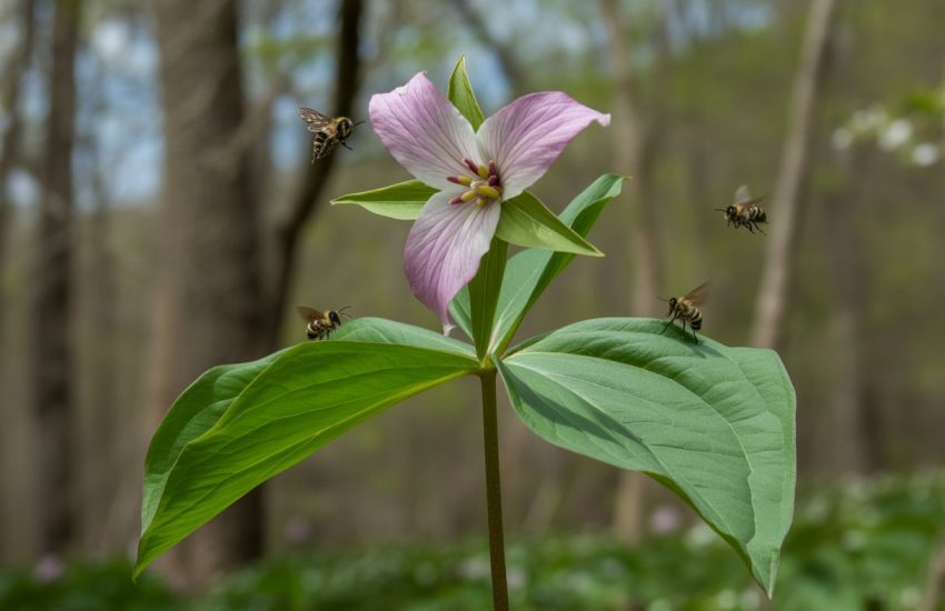 Close-up of a trillium flower with green leaves and native pollinators in a forest setting.