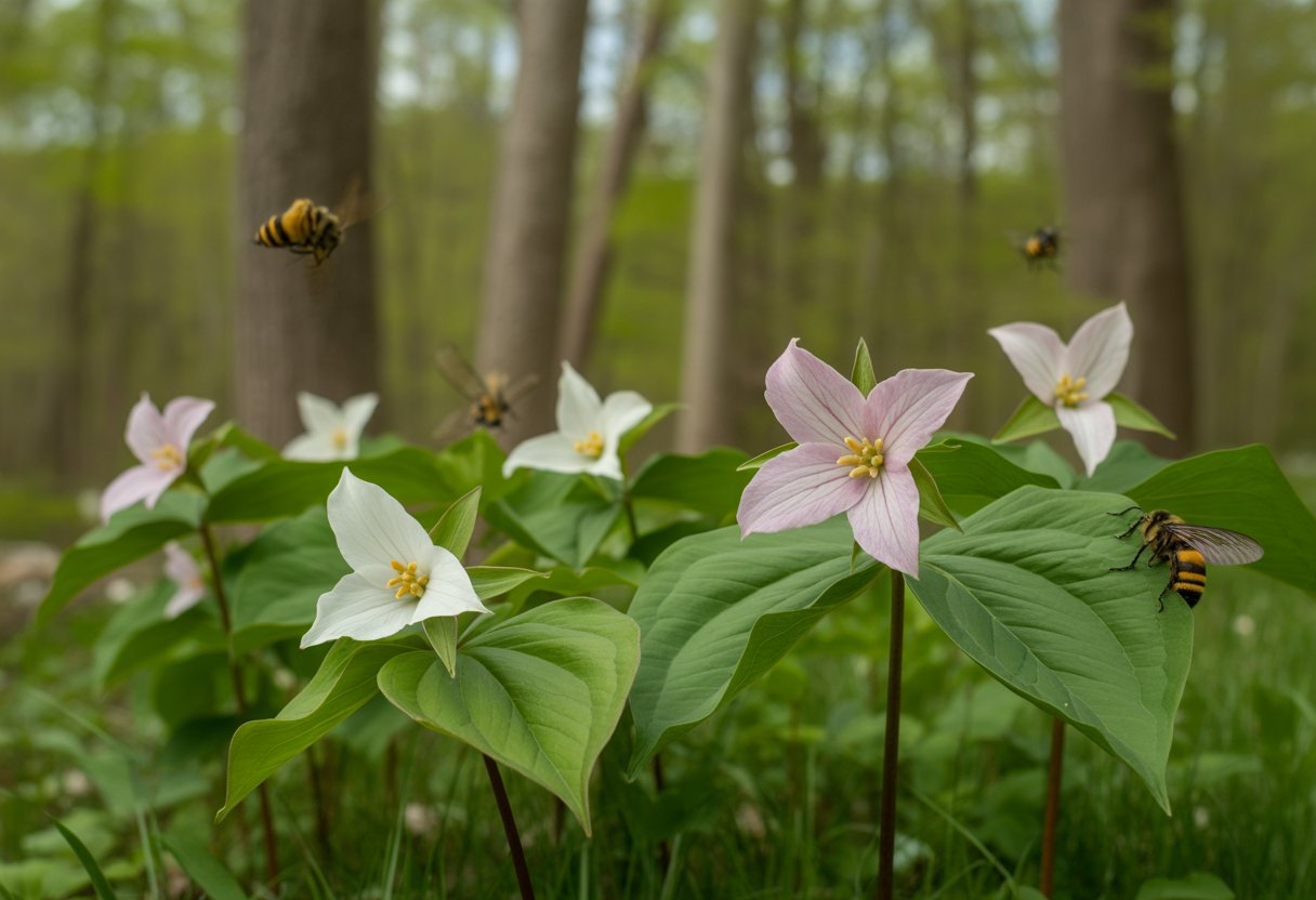 Close-up of white and pink Trillium flowers with bees and butterflies in a green woodland setting.