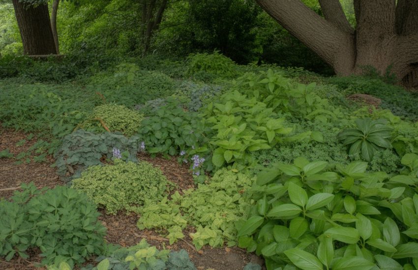A shaded garden area in Georgia covered with dense green ground cover plants beneath tall trees.