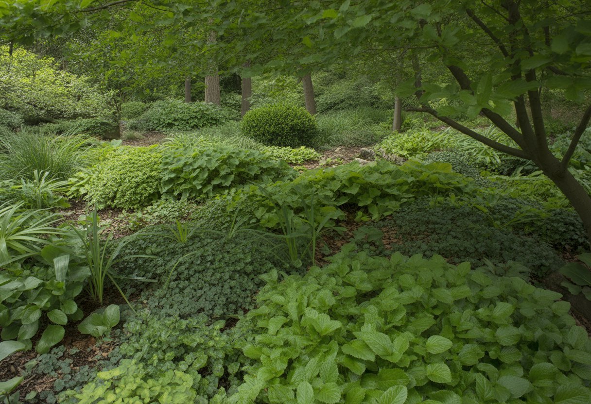 A shaded garden area in Georgia covered with various green shade-loving ground cover plants beneath tall trees.