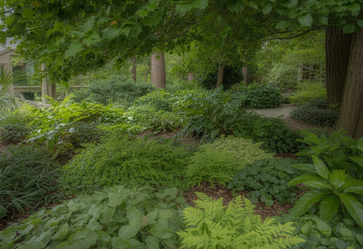 Shade Loving Ground Covers Georgia: Best Varieties for Low-Light Gardens - PlantNative.org A shaded garden area in Georgia with various green ground cover plants growing under tall trees and dappled sunlight filtering through the leaves.