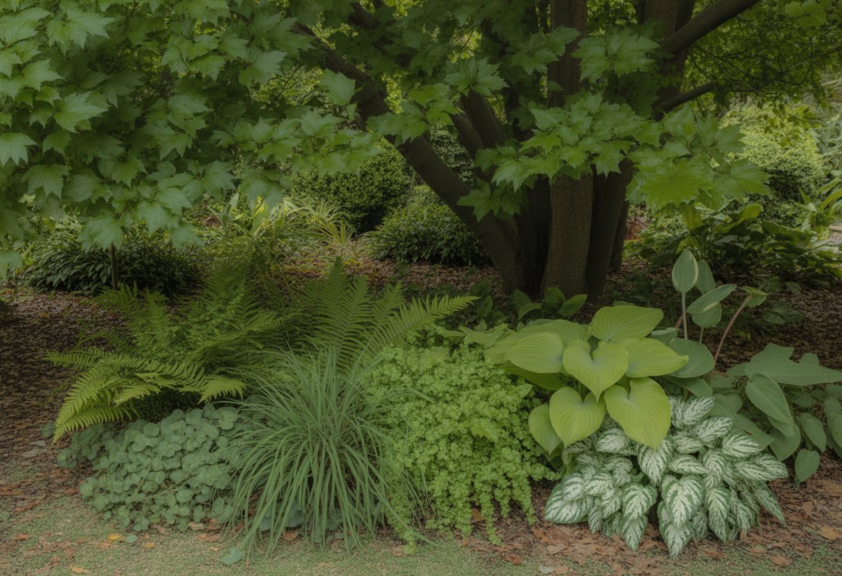 Shade Loving Ground Covers Georgia: Best Varieties for Low-Light Gardens - PlantNative.org A shaded garden area in Georgia with various green ground cover plants growing under large trees.