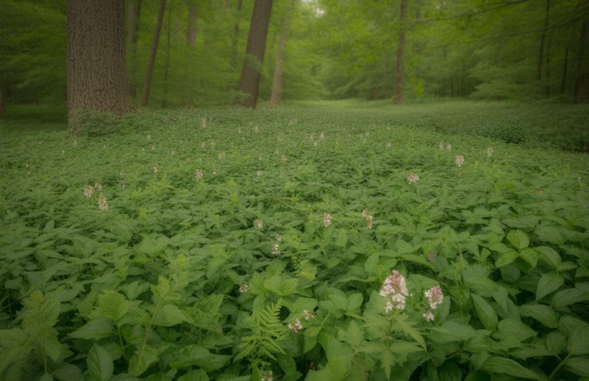 Green shade-loving ground cover plants growing densely on a forest floor under tall trees in an Ohio woodland.
