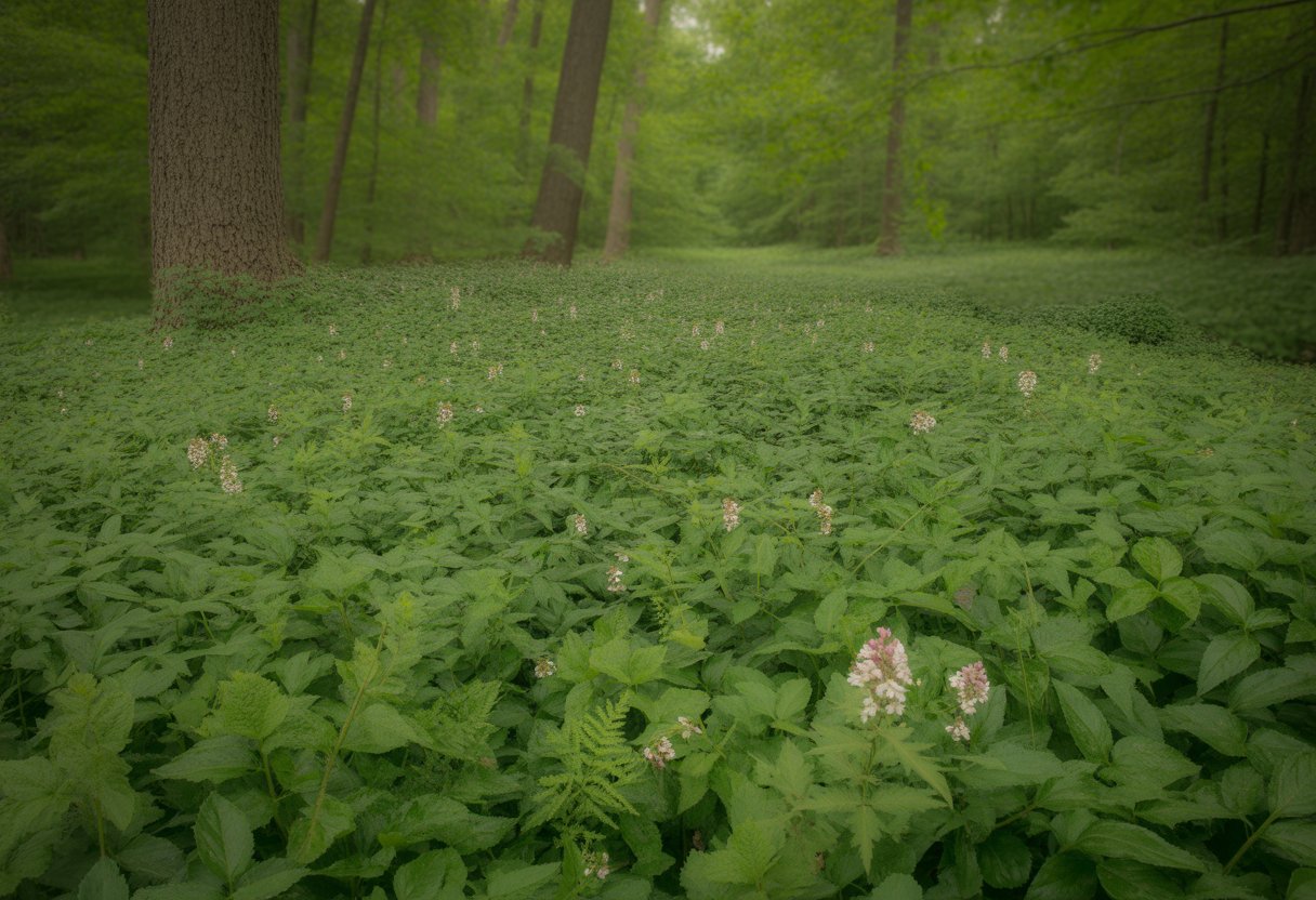 Green shade-loving ground cover plants growing densely on a forest floor under tall trees in an Ohio woodland.