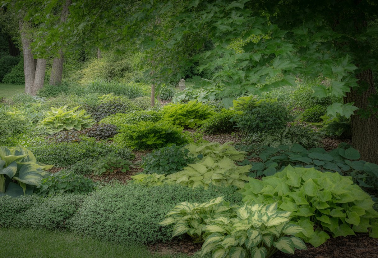 A shaded garden area in Ohio covered with various green ground cover plants like hostas and ferns under large trees.