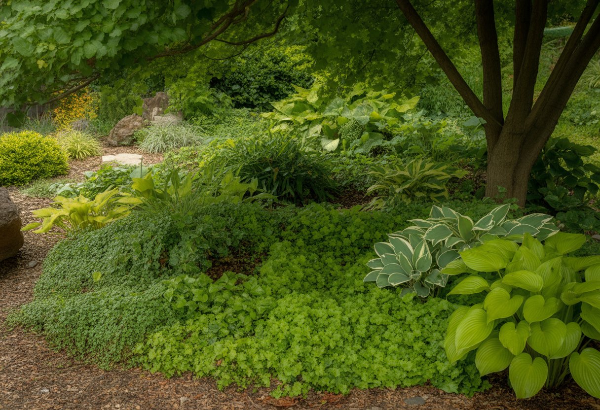 A shaded garden area with various green ground cover plants growing under trees.