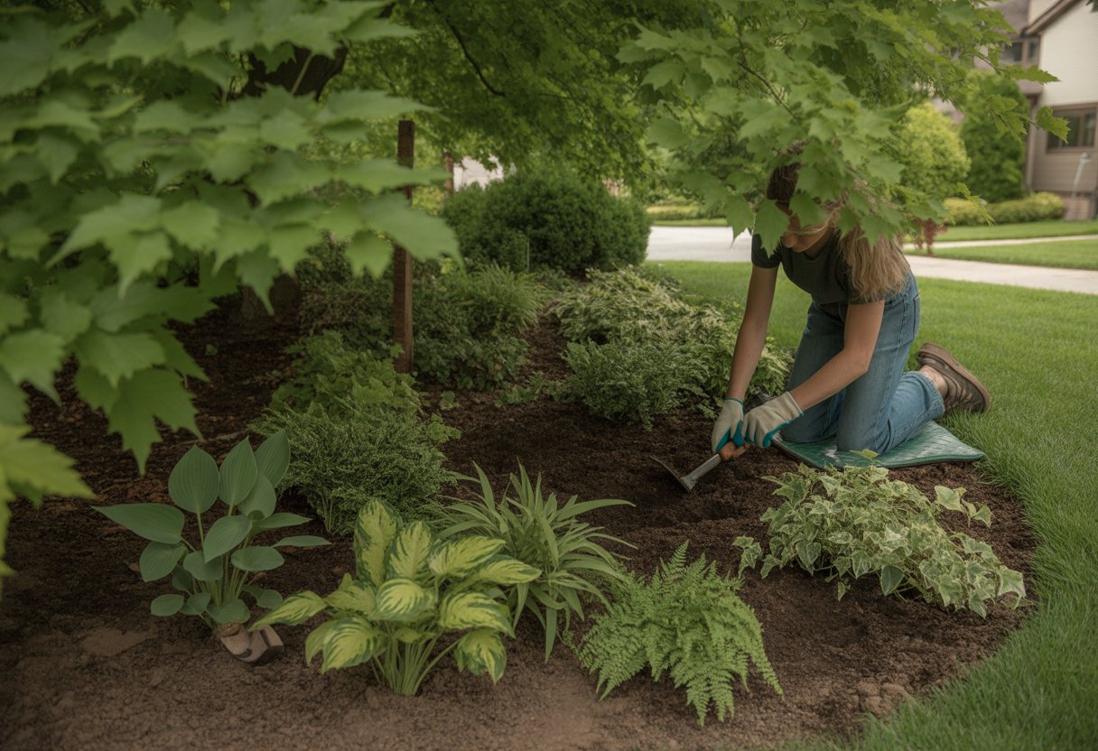 A person planting shade-loving ground cover plants under trees in a shaded garden area.