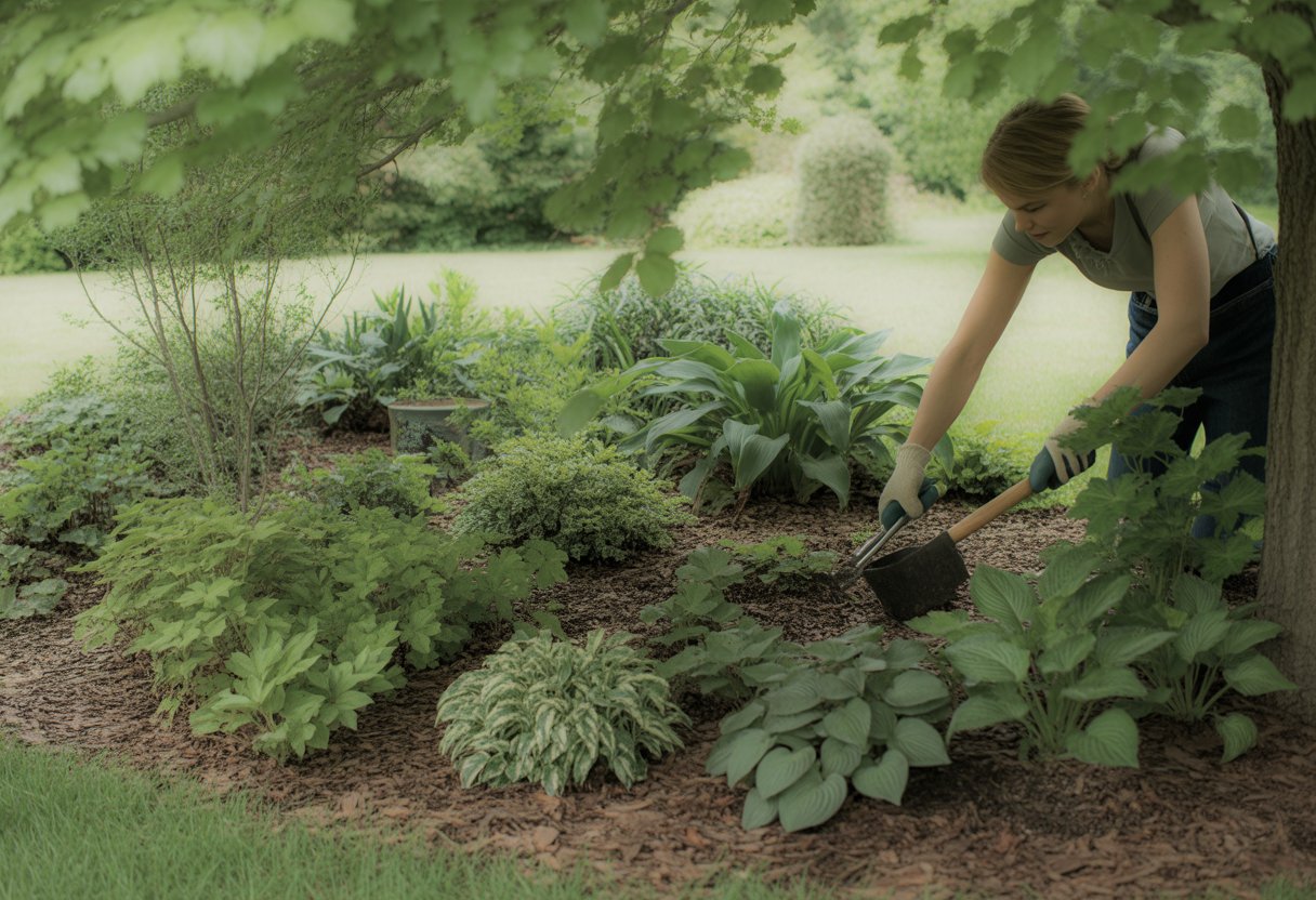 A gardener tending to healthy shade-loving ground cover plants under trees in a shaded garden.