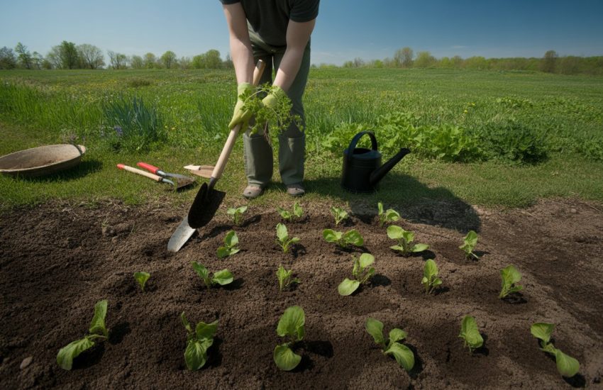 Person planting young vegetable seedlings in a garden with green grass and clear sky in the background.
