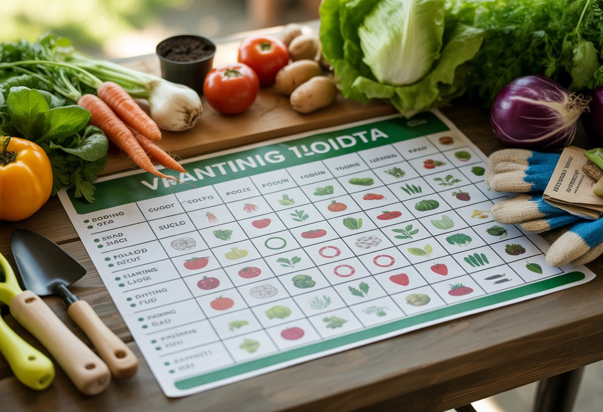 Vegetable Planting Guide Minnesota: Essential Tips for Successful Growing Seasons - PlantNative.org A vegetable planting schedule chart surrounded by fresh vegetables and gardening tools on a wooden table.