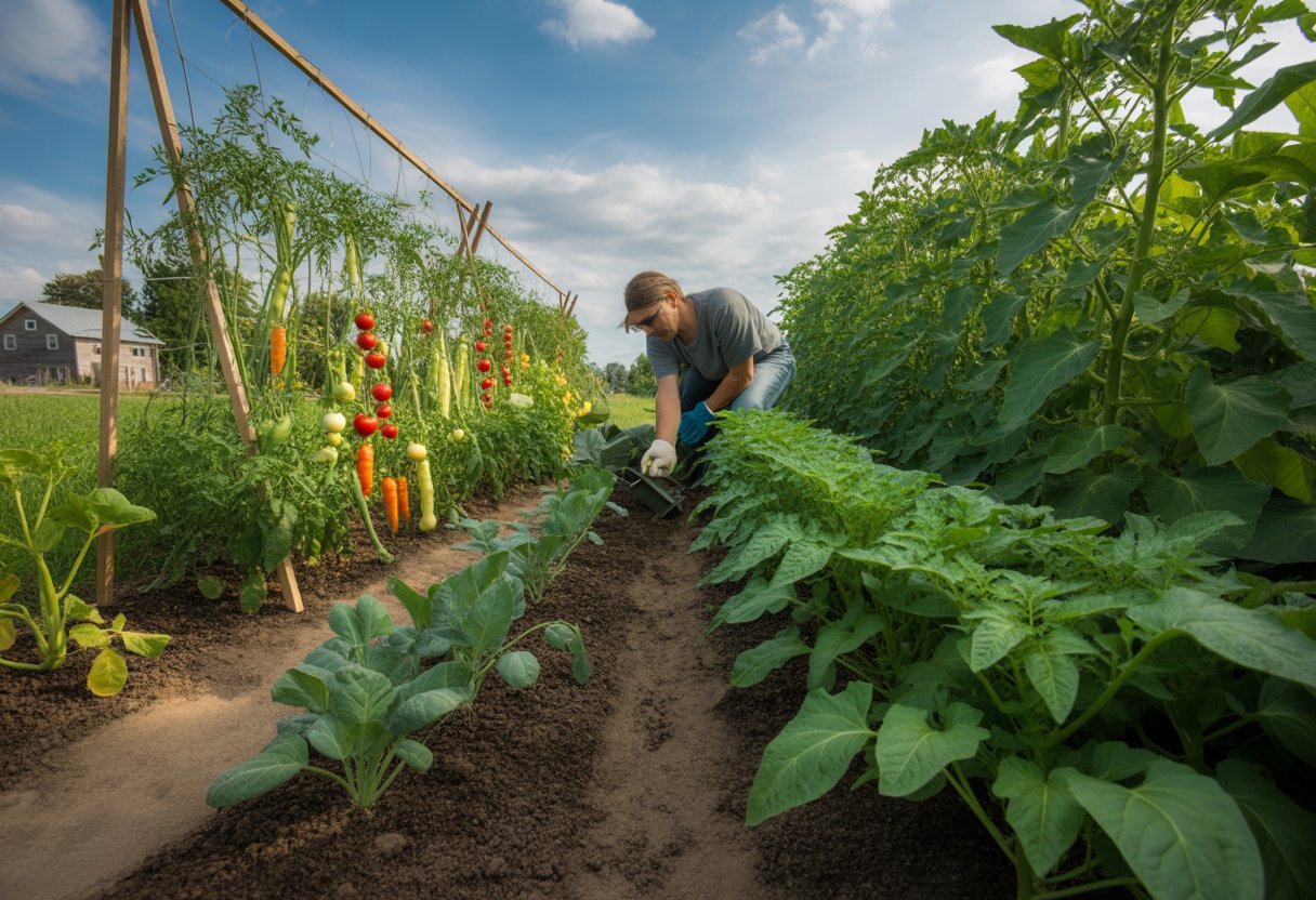 Vegetable Planting Guide Minnesota: Essential Tips for Successful Growing Seasons - PlantNative.org A person tending to a thriving vegetable garden with rows of green plants under a clear sky and a house in the background.