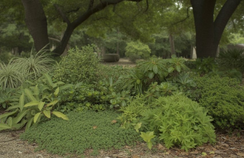 A shaded garden area with various green ground cover plants growing densely under trees in Texas.