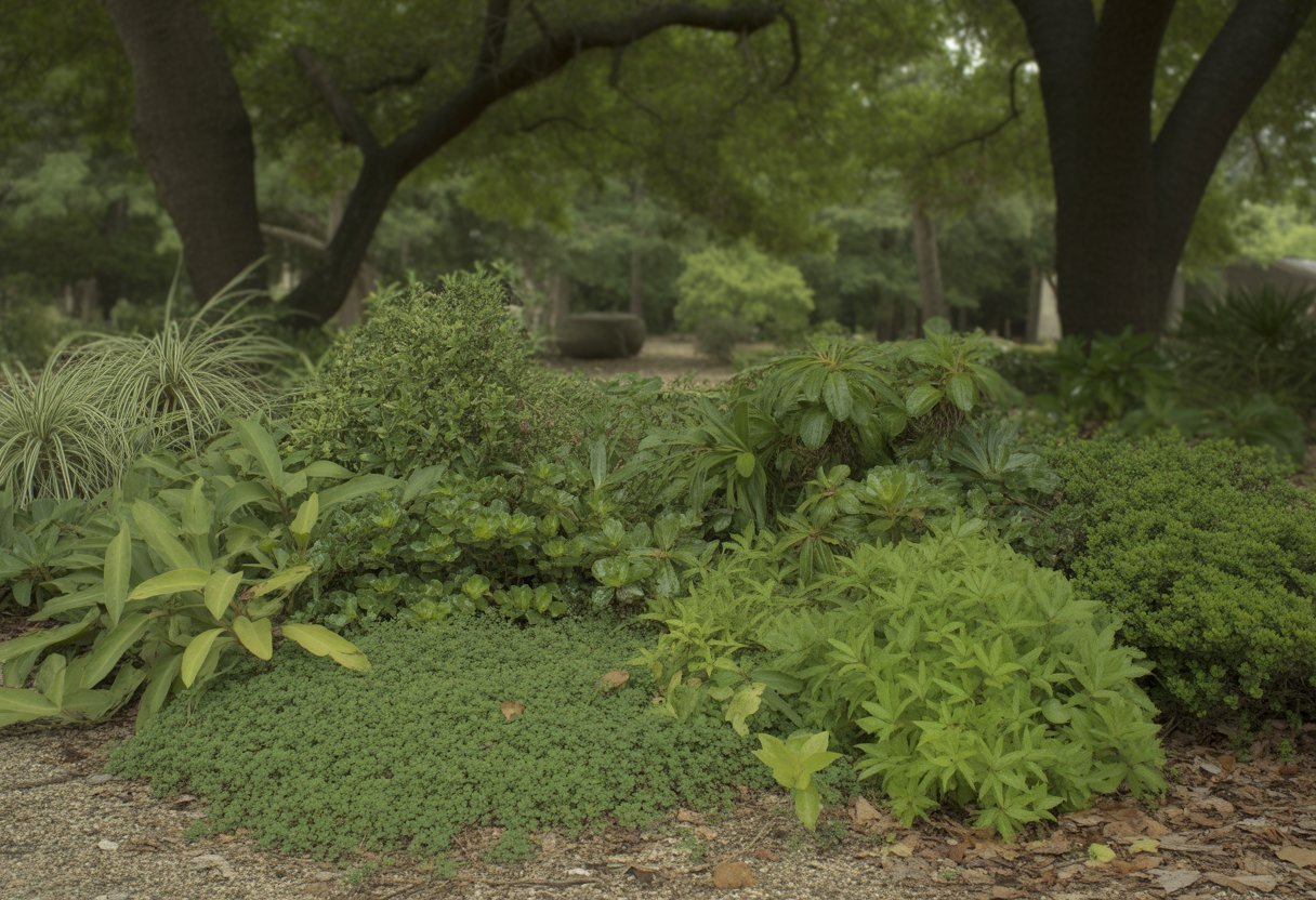 A shaded garden area with various green ground cover plants growing densely under trees in Texas.
