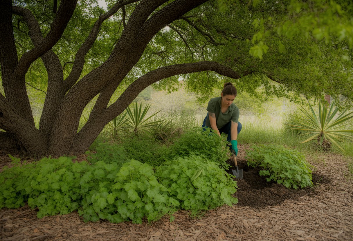 A gardener planting and caring for green ground cover plants in a shaded garden area with trees and natural soil.
