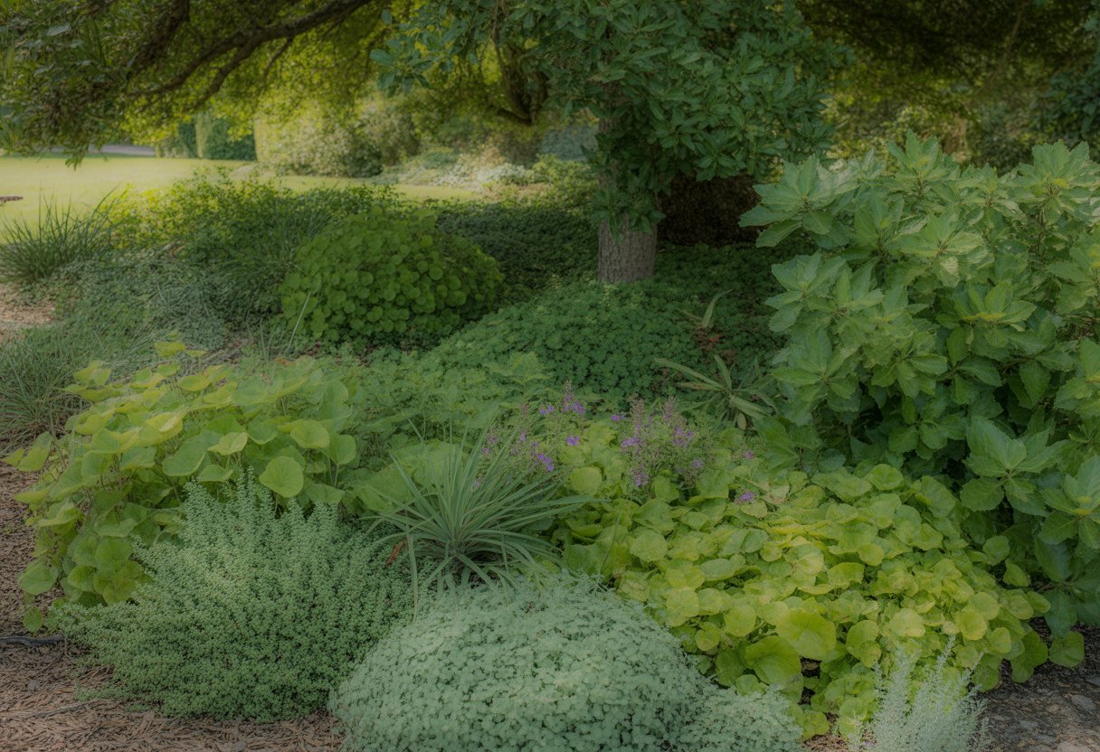 A shaded garden area in Texas covered with various green ground cover plants growing densely under trees.