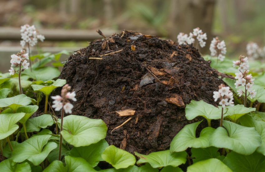 Close-up of dark, moist soil with healthy foamflower plants featuring green leaves and small white flowers in a natural garden setting.