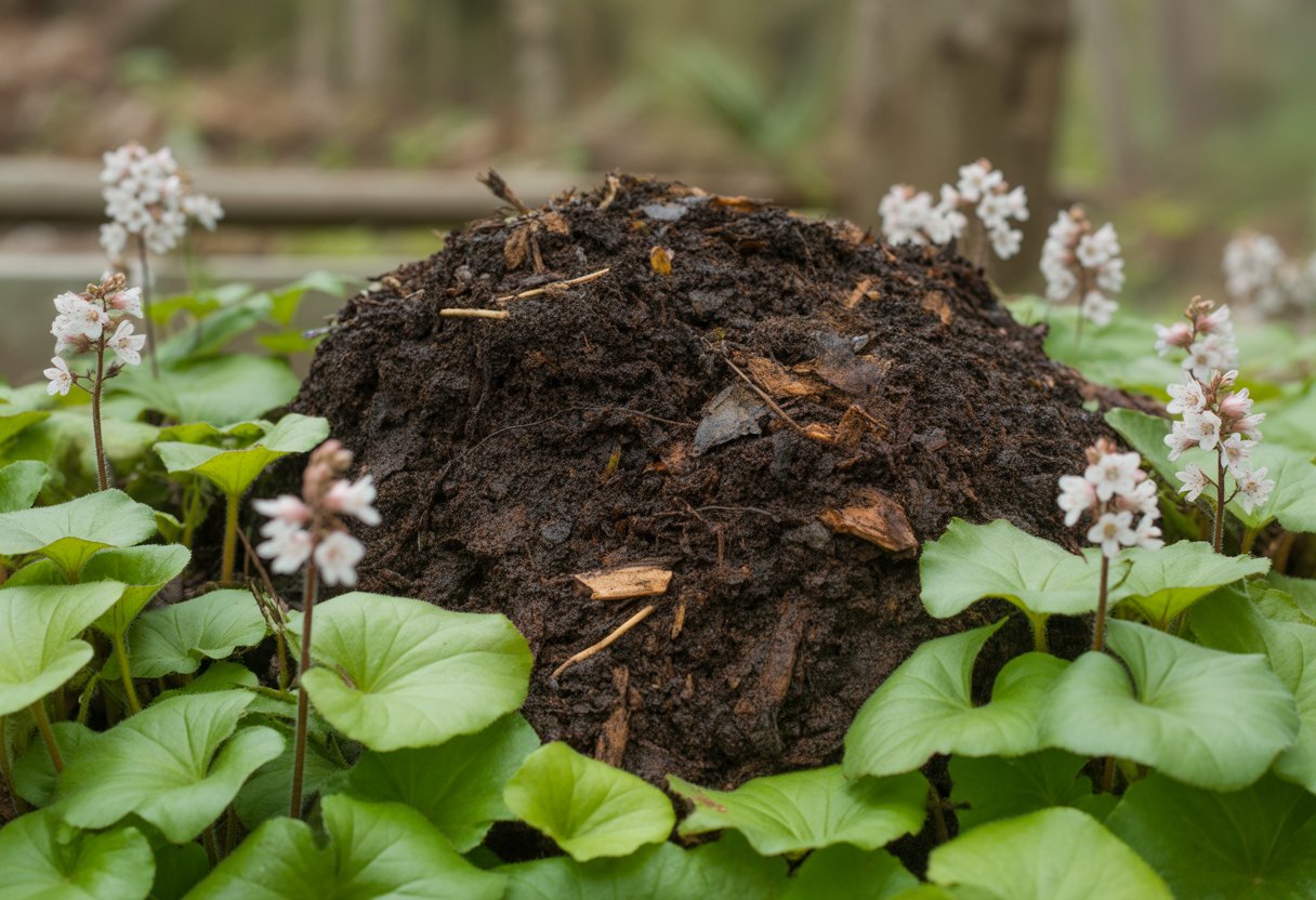 Close-up of dark, moist soil with healthy foamflower plants featuring green leaves and small white flowers in a natural garden setting.