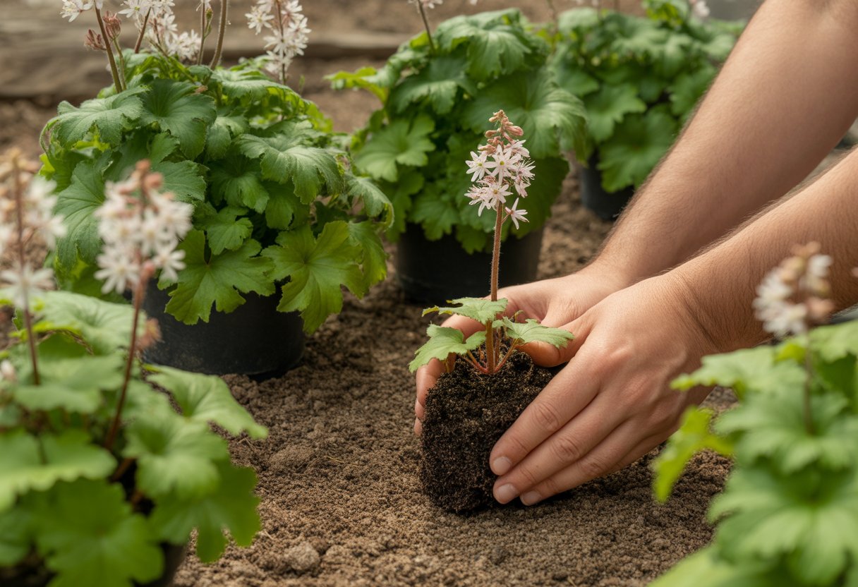 Close-up of hands planting a Foamflower seedling in rich soil surrounded by green leaves and white flowers in a garden.