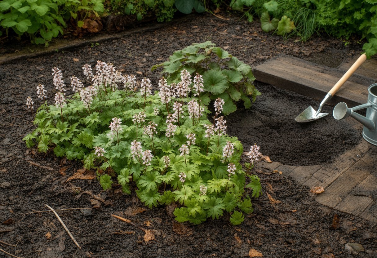 A garden bed with healthy foamflower plants growing in rich, dark soil, with gardening tools nearby.