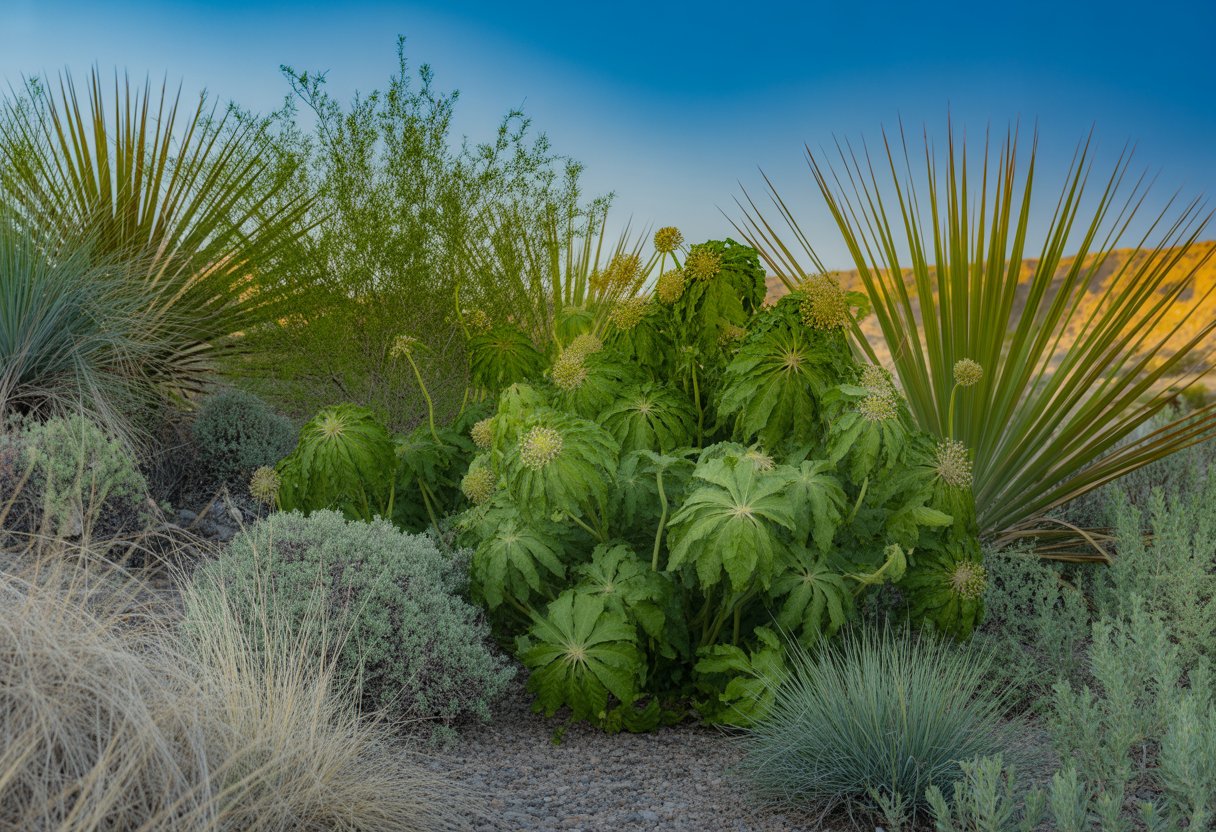 A natural New Mexico garden with green Mayapple plants growing among desert vegetation under a clear blue sky.