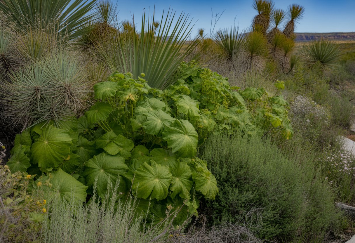 A natural New Mexico landscape with green mayapple plants growing among native desert vegetation under a clear blue sky.
