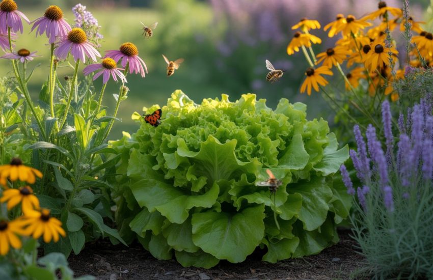 A garden bed of green lettuce surrounded by colorful flowers with bees and butterflies visiting the plants outdoors.