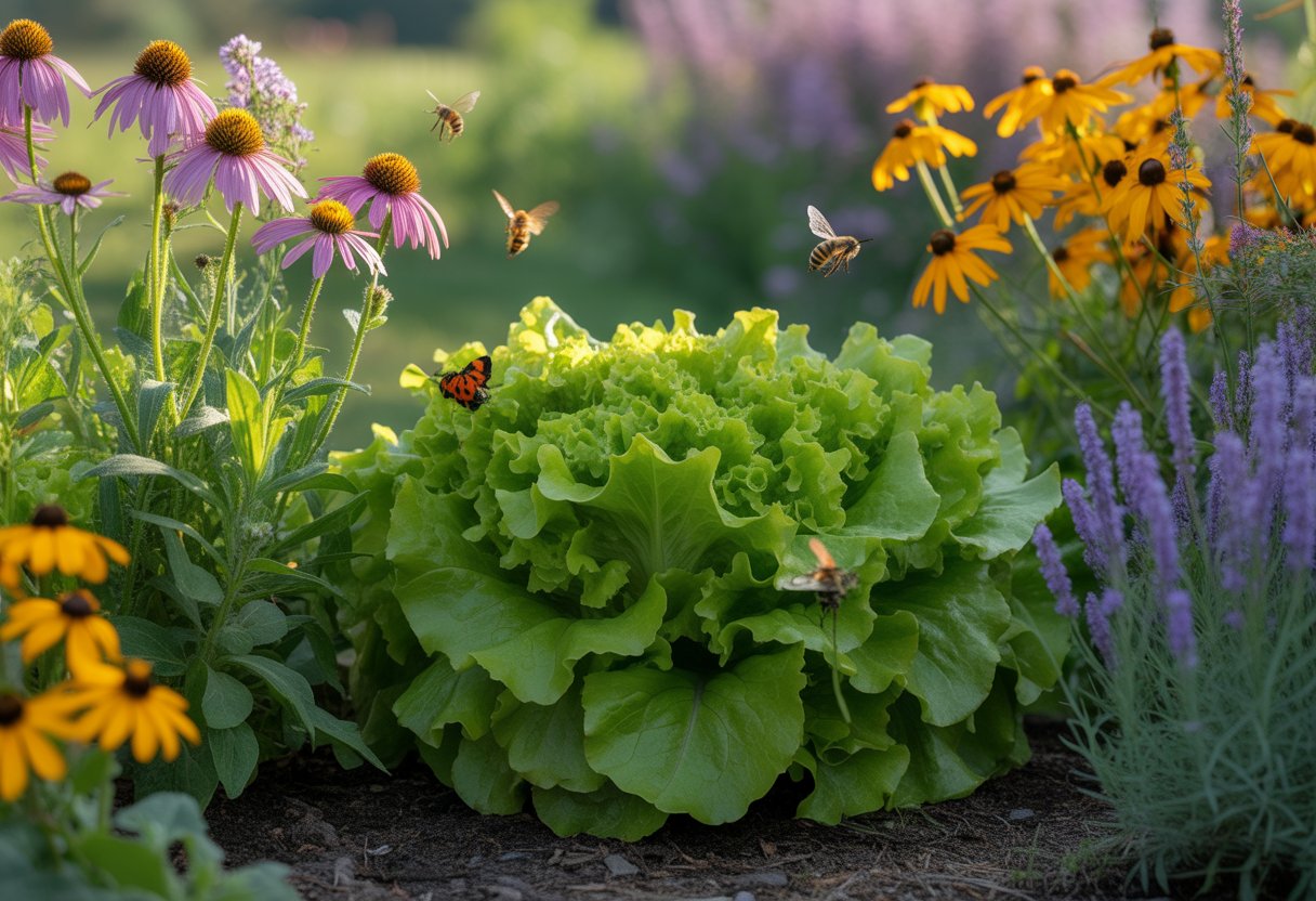 A garden bed of green lettuce surrounded by colorful flowers with bees and butterflies visiting the plants outdoors.