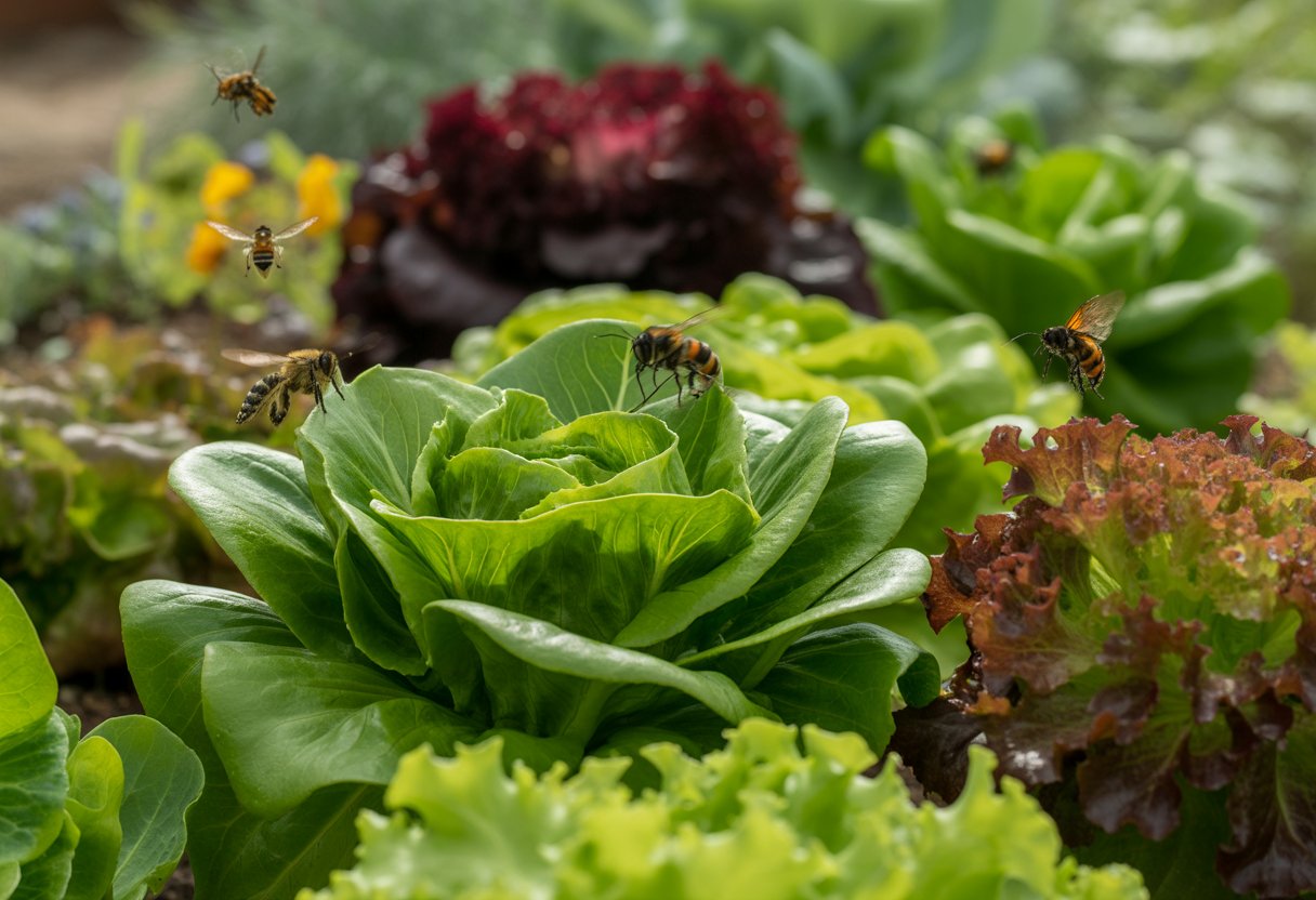 Close-up of various lettuce plants in a garden with bees and butterflies pollinating the leaves.