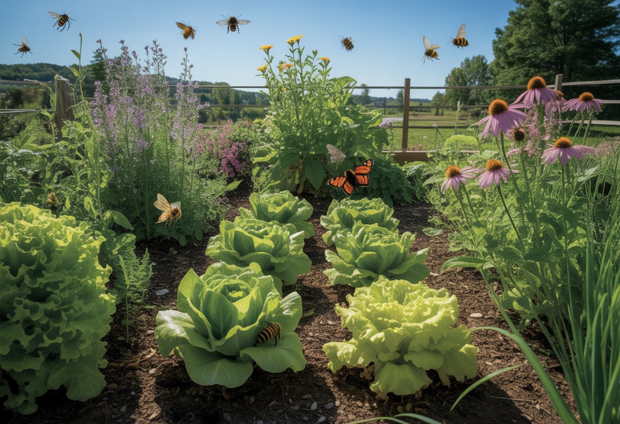 A vegetable garden with green lettuce plants and flowering plants attracting bees and butterflies on a sunny day in a Massachusetts backyard.