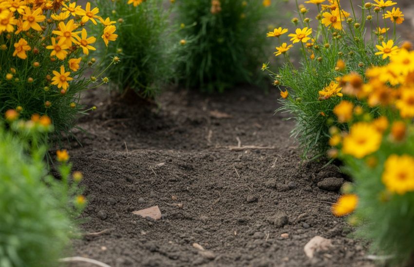 Close-up of dark, crumbly soil with vibrant yellow and orange Coreopsis flowers growing around it.