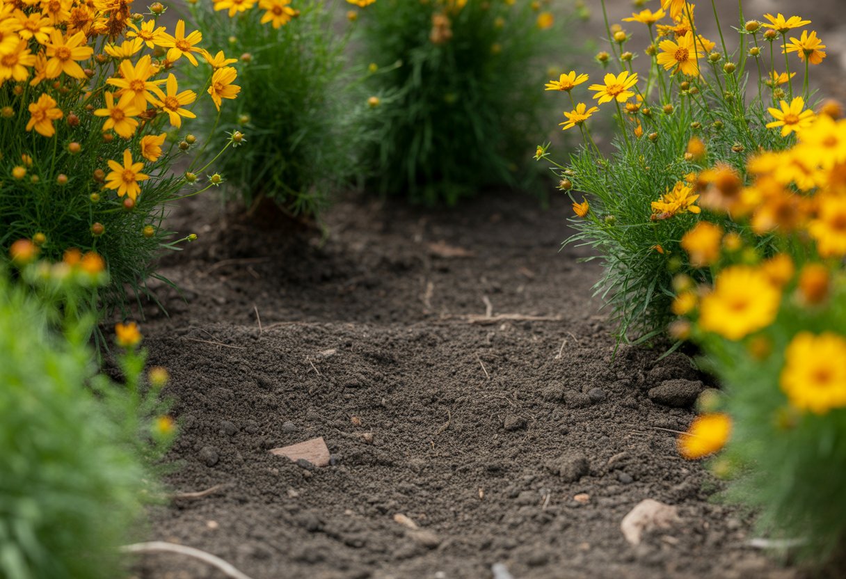 Close-up of dark, crumbly soil with vibrant yellow and orange Coreopsis flowers growing around it.