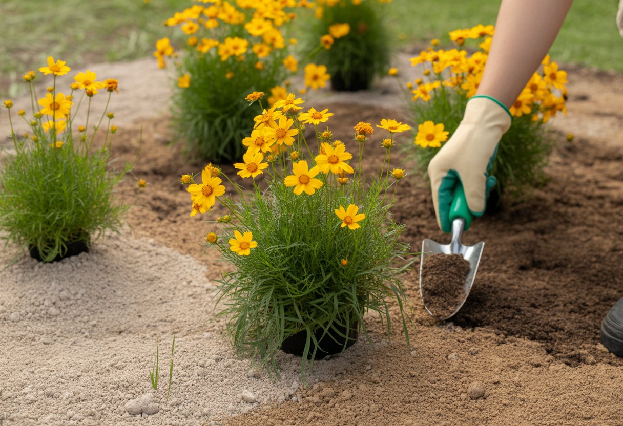 A gardener tending bright yellow Coreopsis flowers growing in different types of soil in a garden.