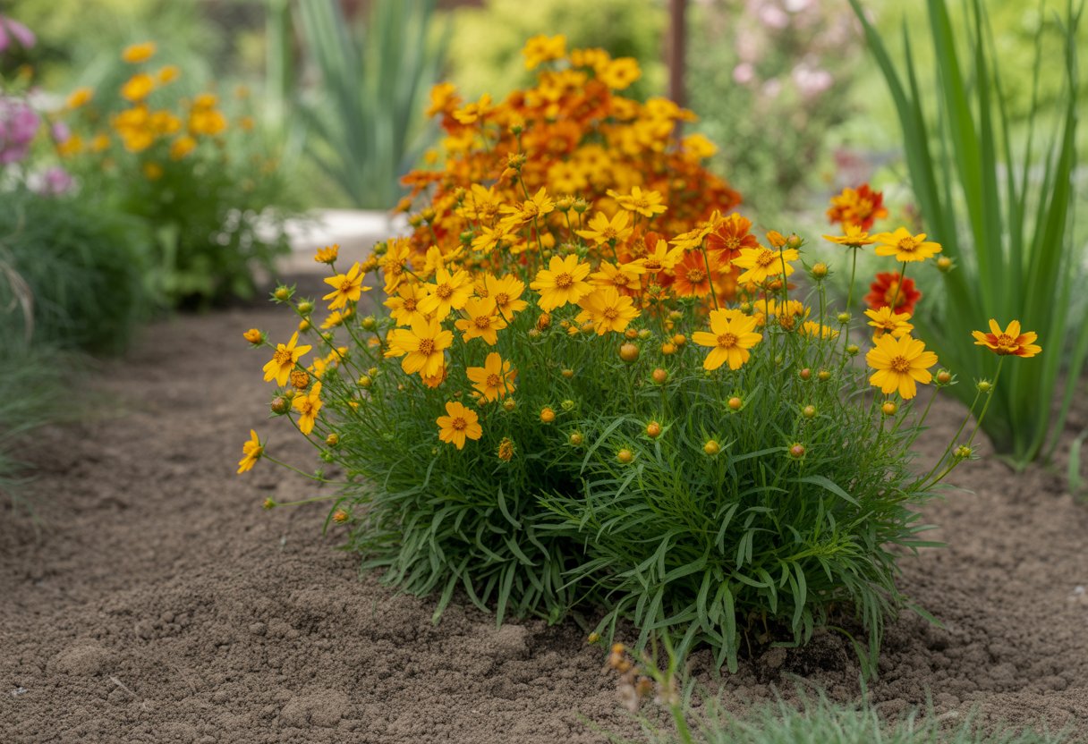 Close-up of blooming Coreopsis flowers growing in rich, dark soil in a garden.