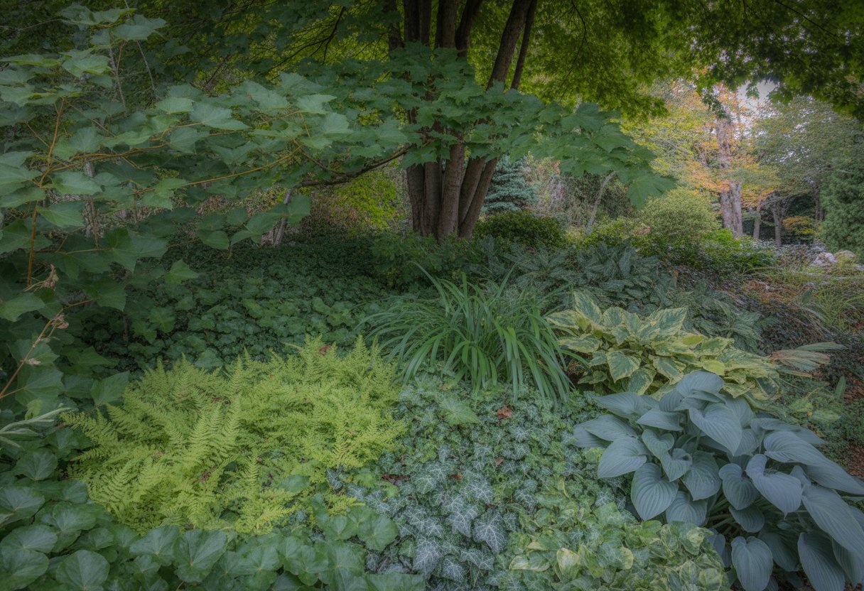 A shaded forest floor in Vermont covered with various green ground cover plants beneath mature trees.