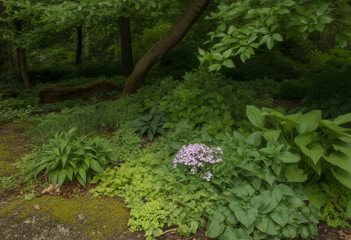A shaded woodland garden in Vermont with various green ground cover plants growing under trees.