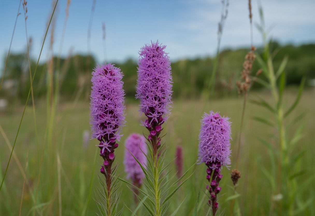 Close-up of vibrant purple Native Blazing Star flowers growing in a natural meadow in Ohio.