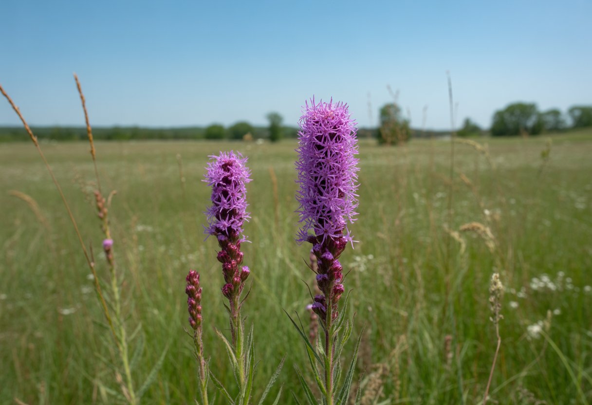 A purple Blazing Star flower growing in a sunlit meadow with green grasses and scattered trees in the background.