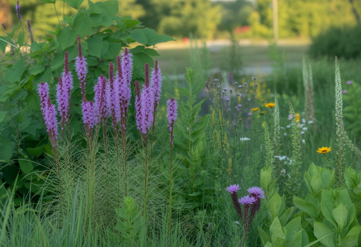 A cluster of purple blazing star flowers surrounded by green native plants in a sunlit Ohio garden.