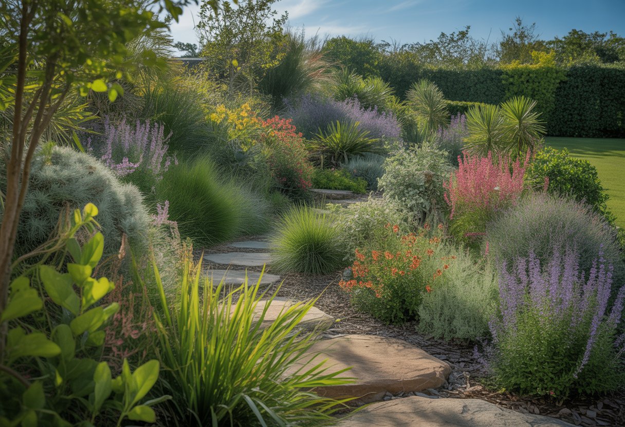 A landscaped garden with colorful native flowering plants, shrubs, a stone pathway, and sunlight filtering through trees.