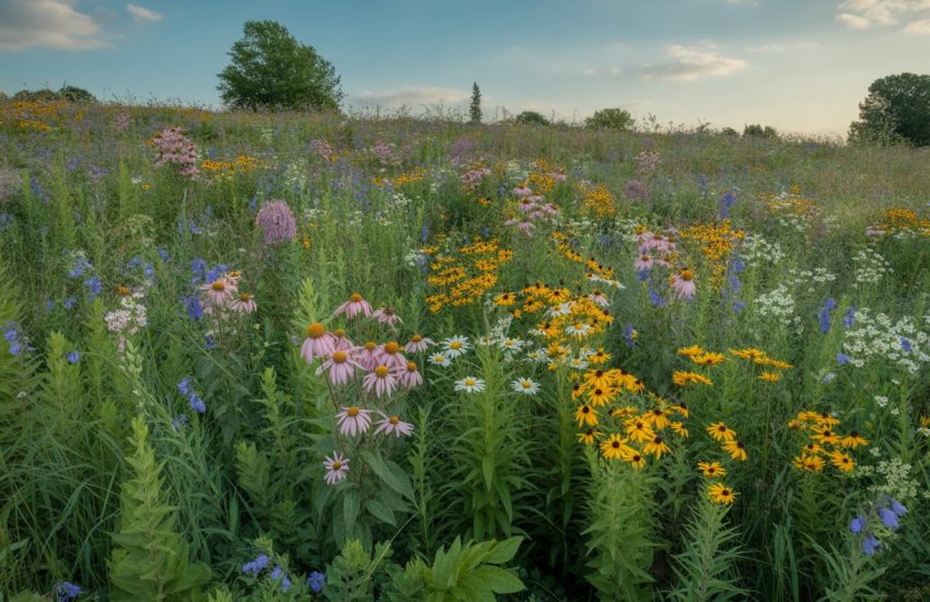 A colorful wildflower meadow in Ohio with various blooming flowers and green grasses under a blue sky.