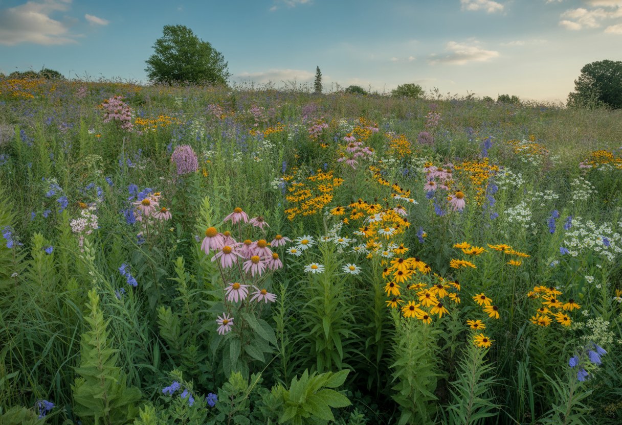 A colorful wildflower meadow in Ohio with various blooming flowers and green grasses under a blue sky.