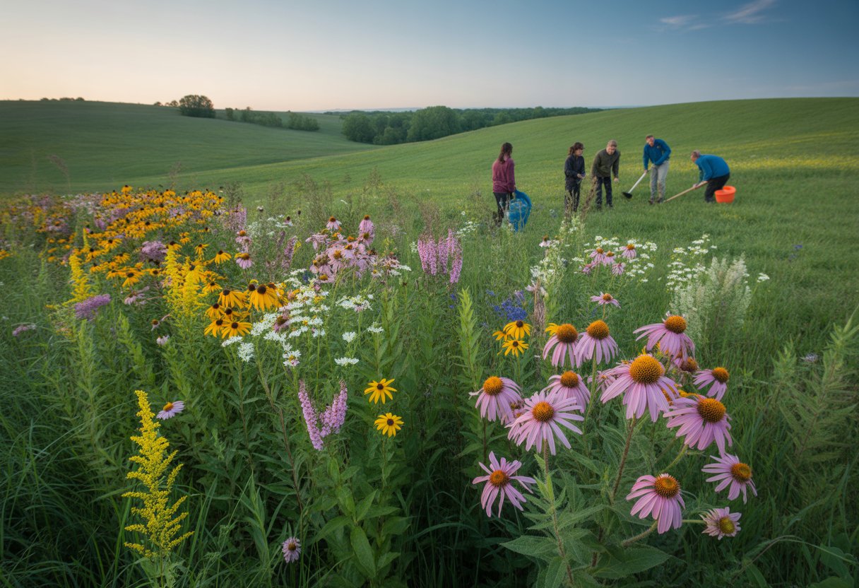 A colorful wildflower meadow in Ohio with people planting and caring for the flowers under a clear blue sky.