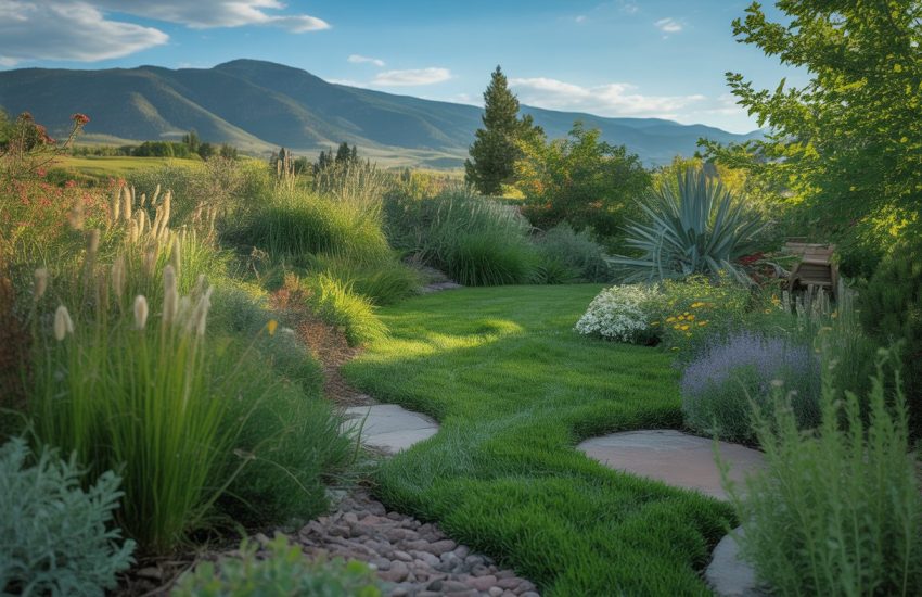 A green yard with clover, native grasses, and wildflowers in front of the Rocky Mountains under a clear blue sky.