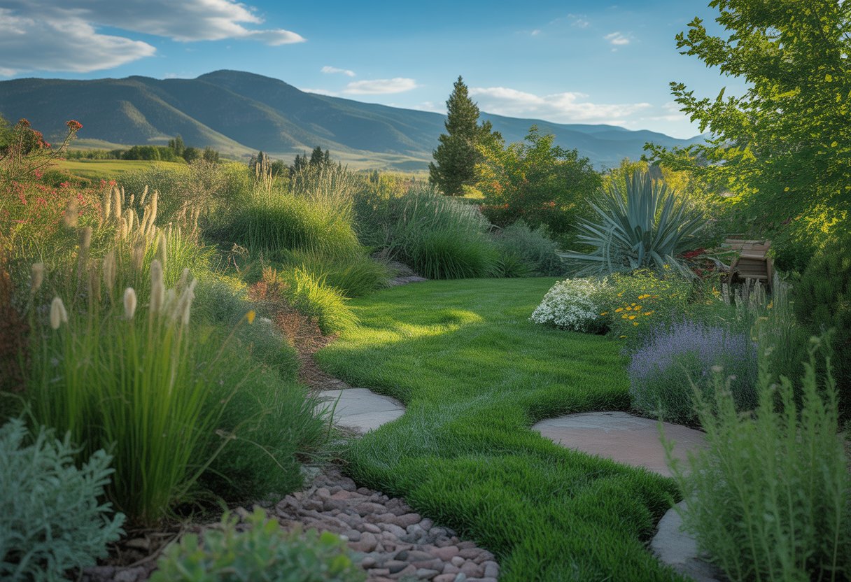 A green yard with clover, native grasses, and wildflowers in front of the Rocky Mountains under a clear blue sky.