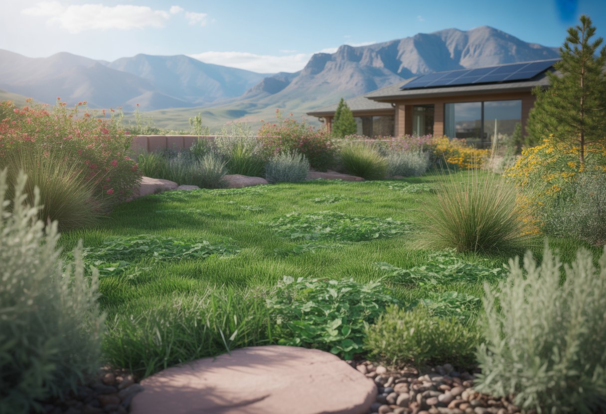 A green lawn made of native grasses and wildflowers in front of a house with mountains in the background under a clear blue sky.