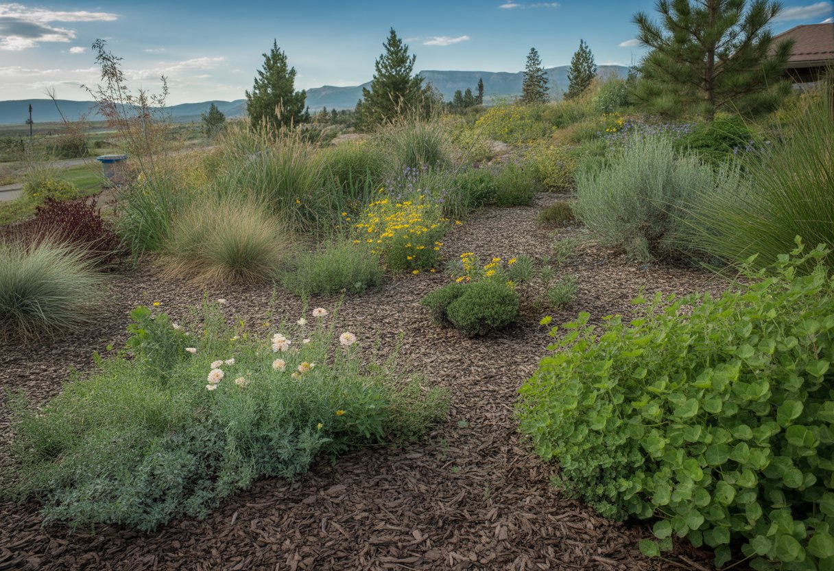 A garden in Colorado with clover, wildflowers, drought-resistant grasses, and shrubs against a mountainous background under a clear sky.