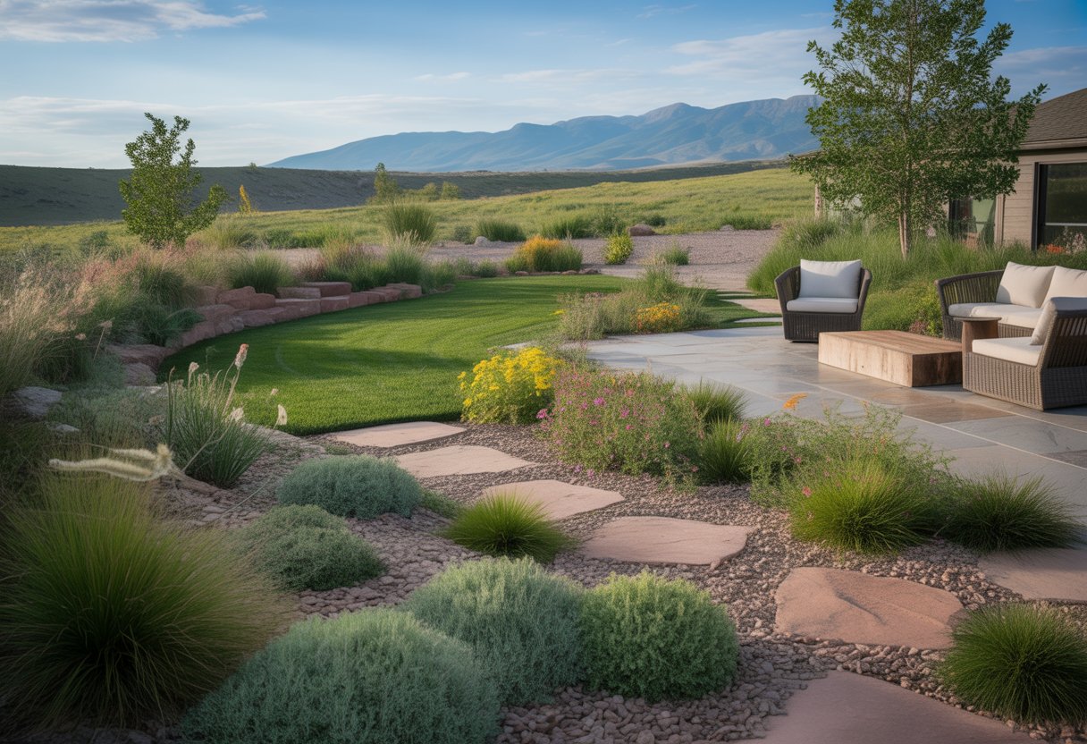 A sustainable residential landscape in Colorado with native plants, stone pathways, and mountains in the background.