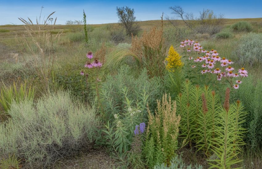 A natural South Dakota prairie landscape with drought-tolerant native plants including grasses, wildflowers, and shrubs under a clear blue sky.