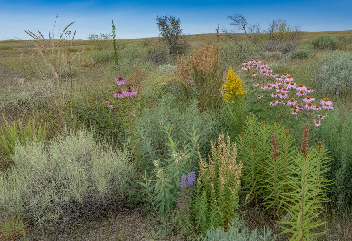 A natural South Dakota prairie landscape with drought-tolerant native plants including grasses, wildflowers, and shrubs under a clear blue sky.