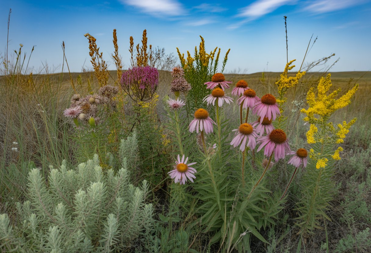 A diverse group of drought-tolerant native plants growing in a dry South Dakota prairie landscape with clear blue skies.